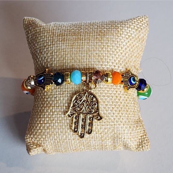 Evil Eye Fatima Hand Stretch Beaded Bracelet Protection From Evil - Picture 1 of 3